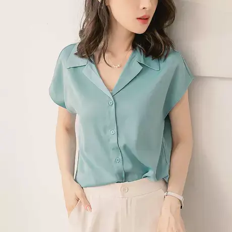 桔熊夏季通勤轻奢微光泽V领连袖遮肉雪纺衬衫上衣女装大码AB17415商品大图