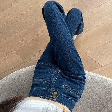 微喇牛仔裤女2024春秋新款复古修身高腰马蹄裤子深蓝色直筒喇叭裤商品大图