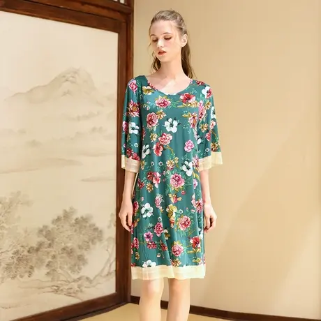 绮瑞优雅妈妈夏季莫代尔睡裙时尚国风棉绸睡衣女夏款蕾丝薄款裙子商品大图