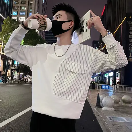 2023秋季个性小众设计感拼接条纹卫衣男ins潮流休闲上衣长袖T恤衫商品大图