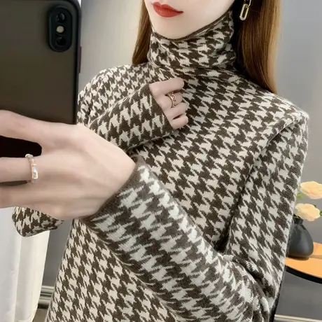 高领针织衫内搭女2023春装新款韩版宽松千鸟格套头长袖毛衣打底衫图片