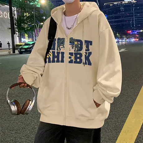 连帽加厚加绒卫衣外套男春秋季潮牌宽松保暖复古港风国潮拉链开衫商品大图