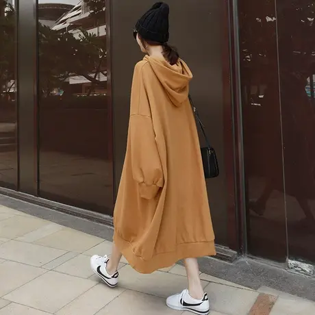 秋冬连帽卫衣女过膝长款韩版宽松大码时尚套头休闲卫衣连衣裙外套图片