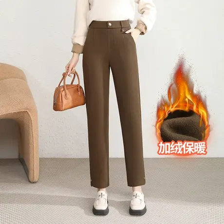 百搭保暖直筒裤女2023秋冬新款加绒显瘦遮肉松紧腰口袋休闲九分裤商品大图
