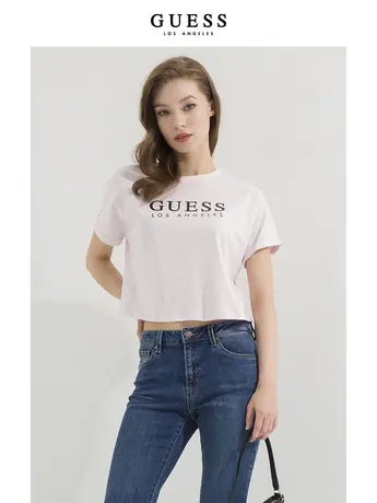 【38上新季】GUESS女士截短甜辣设计感小众短袖圆领正肩T恤上衣商品大图