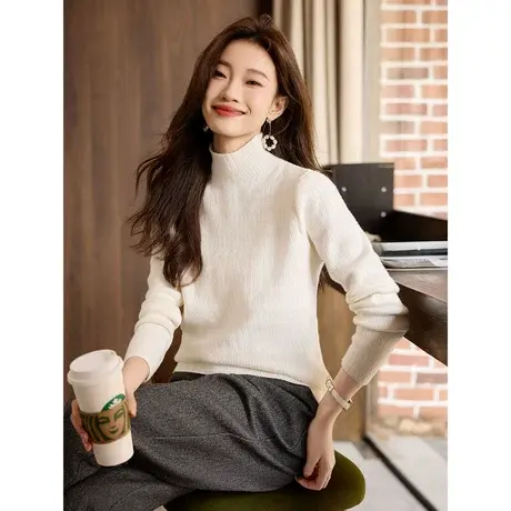 时尚气质毛衣2023年冬季新款半高领百搭温柔纯色加绒厚款内搭上衣商品大图