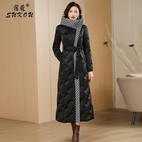 黑色拼接版型好看的羽绒服女2024冬装新款高领修身保暖长款白鸭绒商品大图