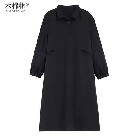 大码女装黑色连衣裙显瘦长袖衬衫领2024春季新品显瘦遮肚遮胯胖MM图片