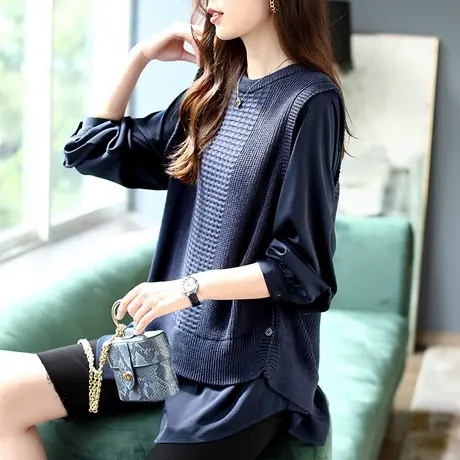 宝诗黎秋装圆领假两件拼接针织衫女新款2023长袖套头打底休闲上衣商品大图