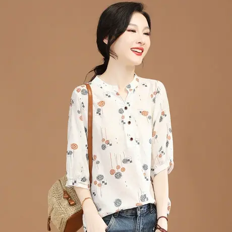 韩潮袭人立领印花五分袖套头衬衣夏季新款女士衬衫上衣设计感小众商品大图