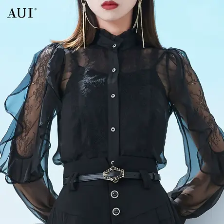 AUI黑色设计感蕾丝衬衫女2024夏季新款小众修身上衣名媛气质衬衣商品大图