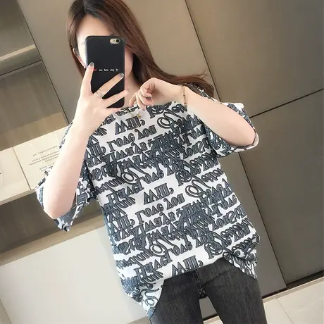 2023夏季新款韩版宽松中长款短袖T恤女印花字母百搭洋气打底衫潮图片