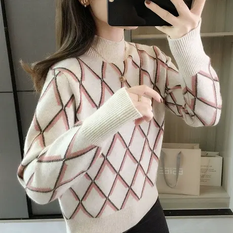 半高领毛衣女套头加厚打底衫秋冬季2023新款菱形格子针织衫上衣商品大图