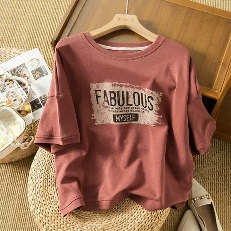 享永子短袖棉质T恤女印花字母宽松显瘦上衣文艺复古港味2023新款商品大图