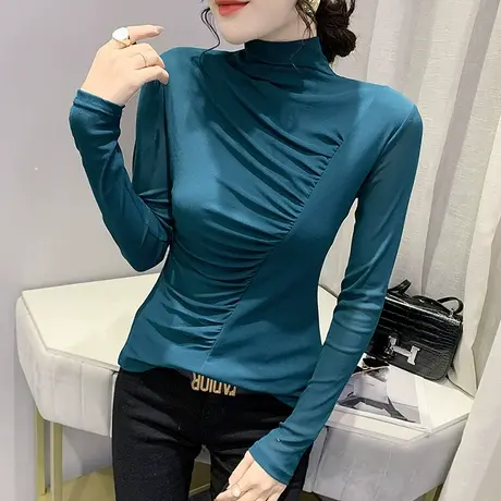 加绒半高领打底衫女秋冬性感修身网纱长袖T恤设计感小众洋气上衣商品大图