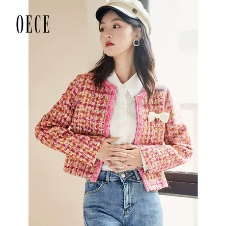 oece秋装新款女法式优雅显白蝴蝶结圆领短款外套商品大图