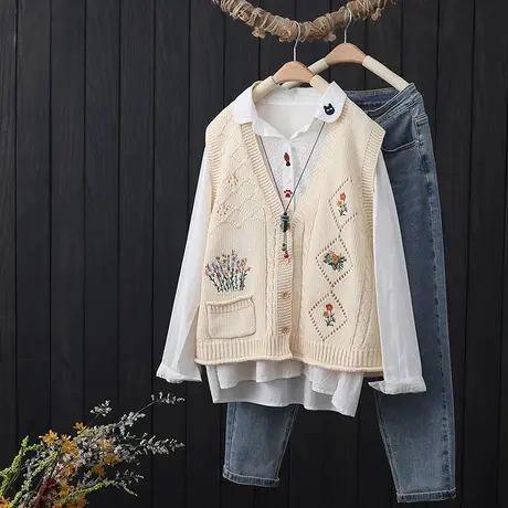 棉线针织马夹背心女春秋季文艺复古刺绣花单排扣宽松外搭马甲坎肩商品大图