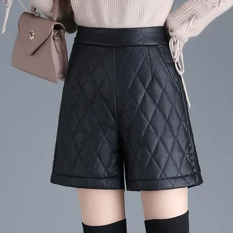 时尚PU皮短裤女冬季2023新款高腰加厚加棉阔腿裤外穿显瘦休闲靴裤商品大图