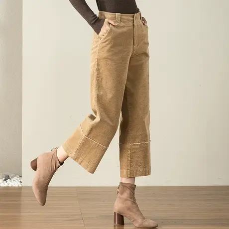 八分灯芯绒阔腿裤女2024新款卡其色裤子秋冬条绒裤女裤九分直筒裤商品大图