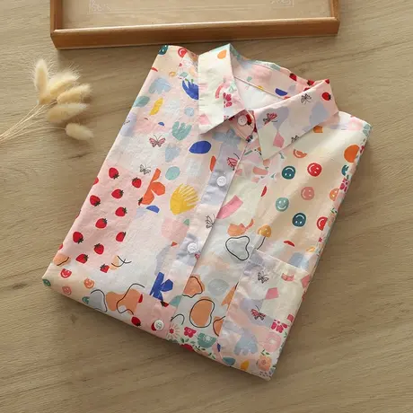 秋季日系文艺小清新涂鸦印花纯棉长袖衬衫女宽松百搭粉色打底上衣商品大图