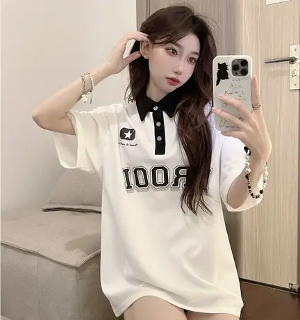 夏季新款原宿白色Polo领短袖t恤女宽松学院风美式复古半袖上衣ins图片