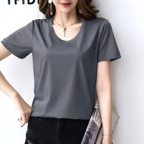 80支双面丝光棉短袖t恤女夏纯棉基础款纯色宽松百搭冰丝打底上衣商品大图
