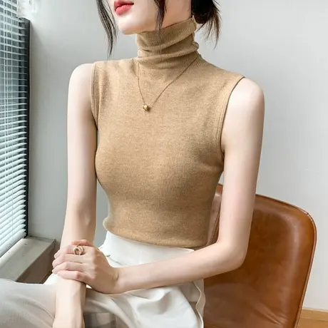 高领纯色羊毛无袖背心上衣女士秋冬西装内搭打底衫修身显瘦针织衫商品大图