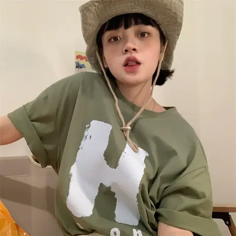 红续2023新款韩版纯棉字母短袖T恤女ins潮学院风简约宽松半袖上衣图片