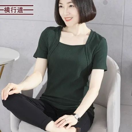 方领坑条修身短袖T恤女2025新款夏装假两件拼接纯色简约外穿上衣商品大图