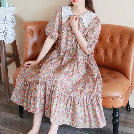 【买一送一】法式复古碎花连衣裙大码新款花边领收腰长裙200斤女商品大图