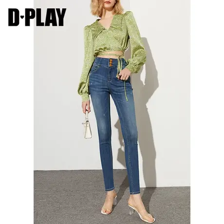 DPLAY【黑标】春新款复古水洗牛仔蓝金属扣装饰九分牛仔裤商品大图