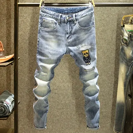 2024新款夏季破洞牛仔裤男款韩版修身长裤高端刺绣烫钻小脚裤潮牌商品大图