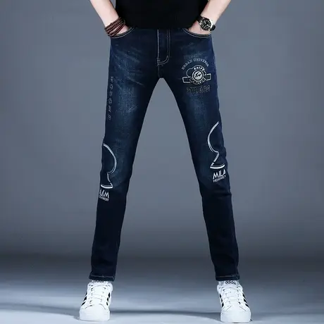 秋冬款印花牛仔裤男款新款美式高街小脚修身裤子潮流男士弹力百搭商品大图