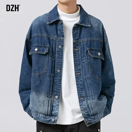 男士蓝色牛仔外套男春秋款潮高级感男装2023新款工装夹克宽松褂子商品大图