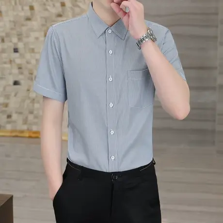 灰色细条纹衬衫男短袖商务休闲高级感衬衣免烫修身帅气半袖寸衫男商品大图