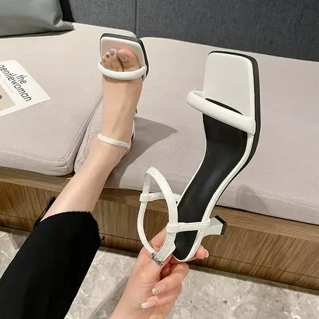2024新款凉鞋女方头一字带法式温柔仙女风配裙子细跟高跟纯色中跟图片