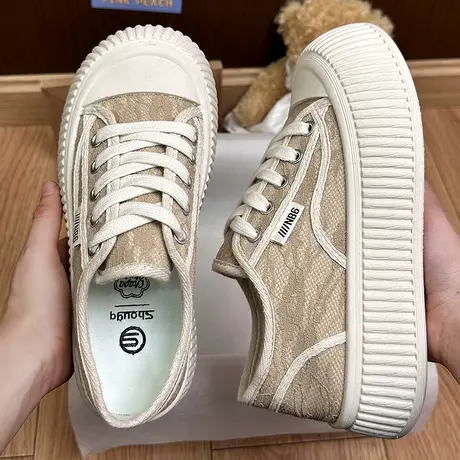 网红超火厚底饼干帆布鞋女2023春季新款时尚增高百搭休闲小白板鞋图片