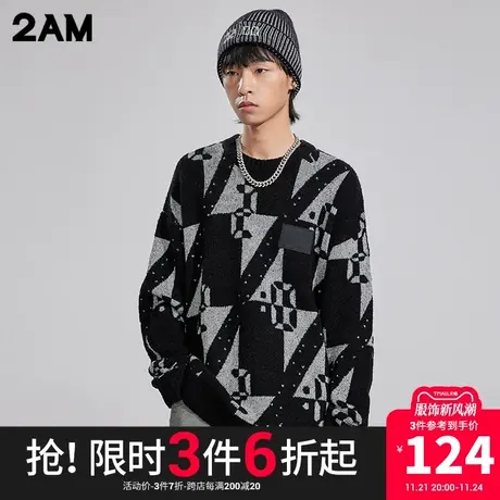 卡宾潮牌2AM棋盘格LOGO提花针织衫宽松落肩毛衣街头潮酷商品大图