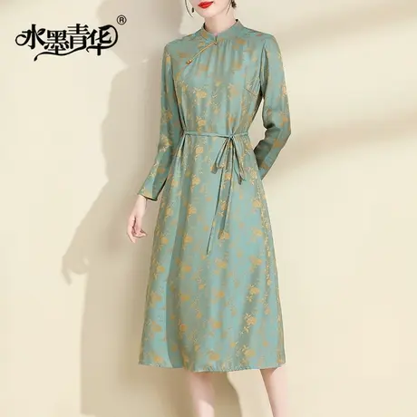 水墨青华2023冬季新款气质新中式旗袍优雅百搭花色系带显瘦连衣裙商品大图