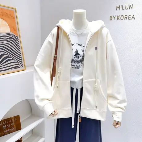 微胖显瘦外套2023春秋款开衫简约百搭连帽拉链卫衣宽松欧货高级感图片