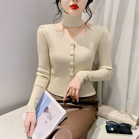 秋冬加厚挂脖拼接针织衫性感V领纽扣套头上衣洋气修身百搭打底衫图片