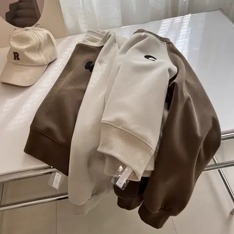 拼接撞色短款插肩袖卫衣女秋冬季宽松显瘦加厚加绒保暖上衣外套潮商品大图