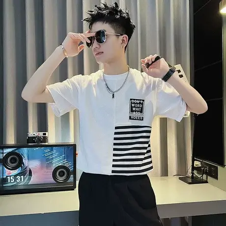 夏季拼接条纹短袖t恤男潮牌半截袖2023新款潮流时尚ins潮牌半袖帅商品大图