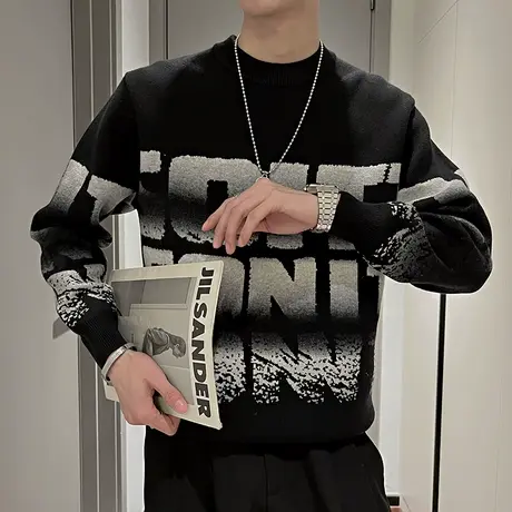 美式个性渐变字母毛衣男冬季2023新款潮牌加厚修身打底针织衫线衣商品大图