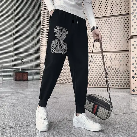 秋季休闲裤九分裤裤子哈伦裤华夫格烫钻小熊潮牌潮流束腿运动卫裤商品大图