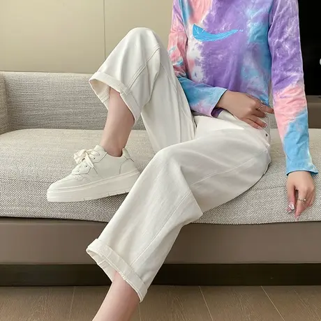 米白色牛仔裤女2024春秋季新款小个子宽松休闲显瘦九分阔腿直筒裤商品大图