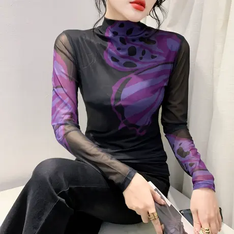 加绒秋冬新款T恤网纱印花欧货女装洋气内塔上衣女修身长袖打底衫商品大图