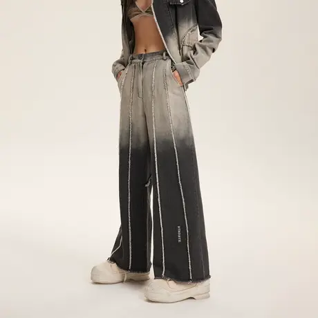 潮牌设计感渐变色毛边牛仔裤女春秋2024新款直筒微喇裤显瘦老爹裤商品大图