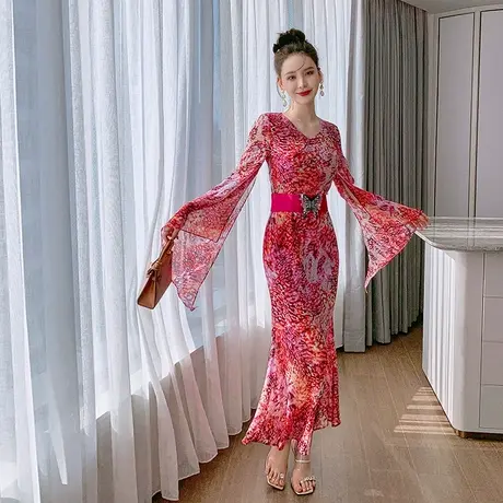 设计感小众礼服裙子平时可穿夏季喇叭袖连衣裙女鱼尾碎花长款裙子商品大图