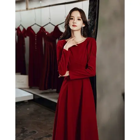 秋冬敬酒服新娘2023新款酒红色长袖气质长款收腰显瘦婚礼晚礼服女商品大图